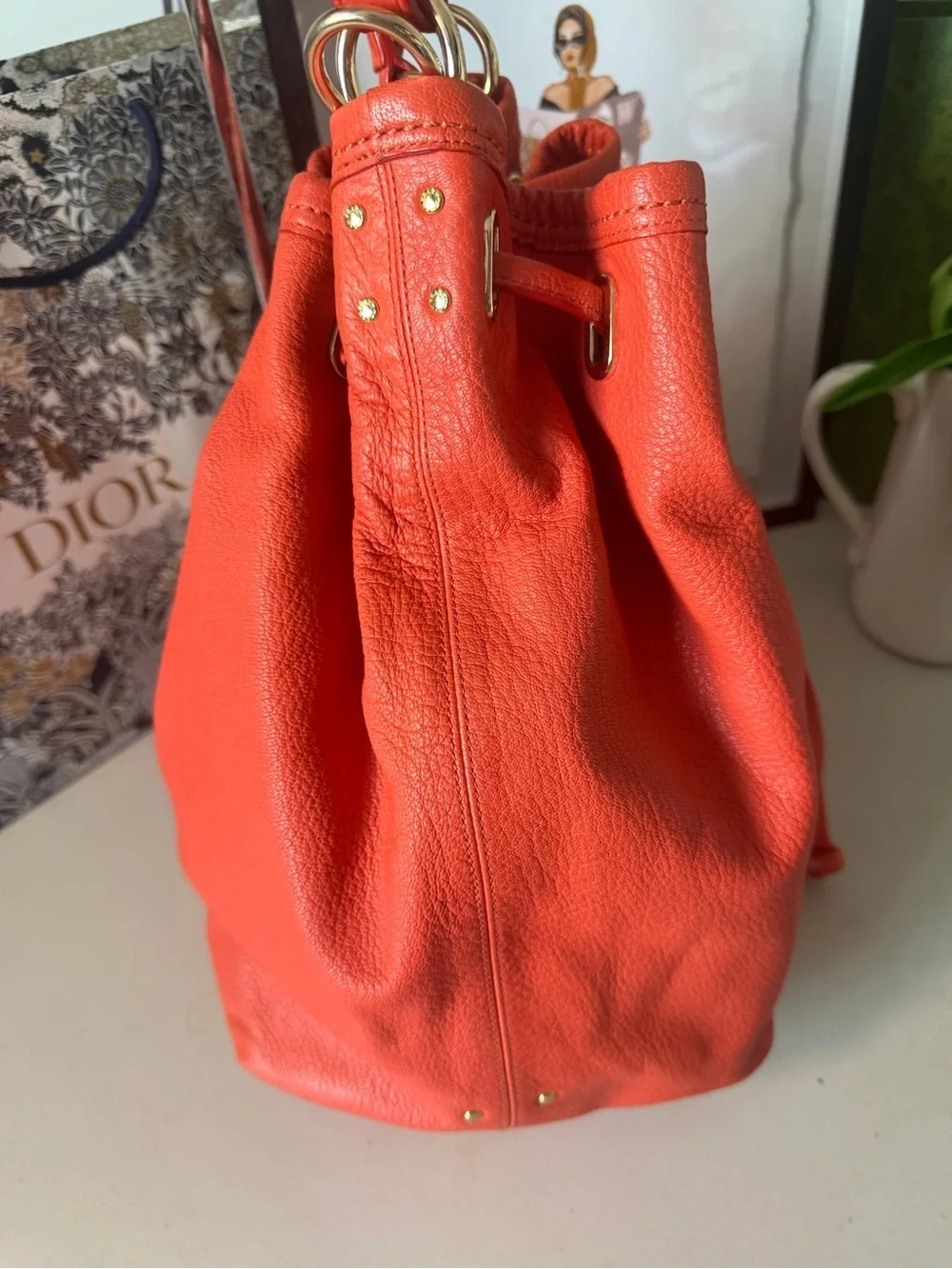 Coach Turnlock Tie Bucket Bag – Coral Pebbled Leather Drawstring Shoulder Bag
